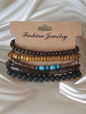 Layered Beaded Bracelet Set with Turquoise Accent